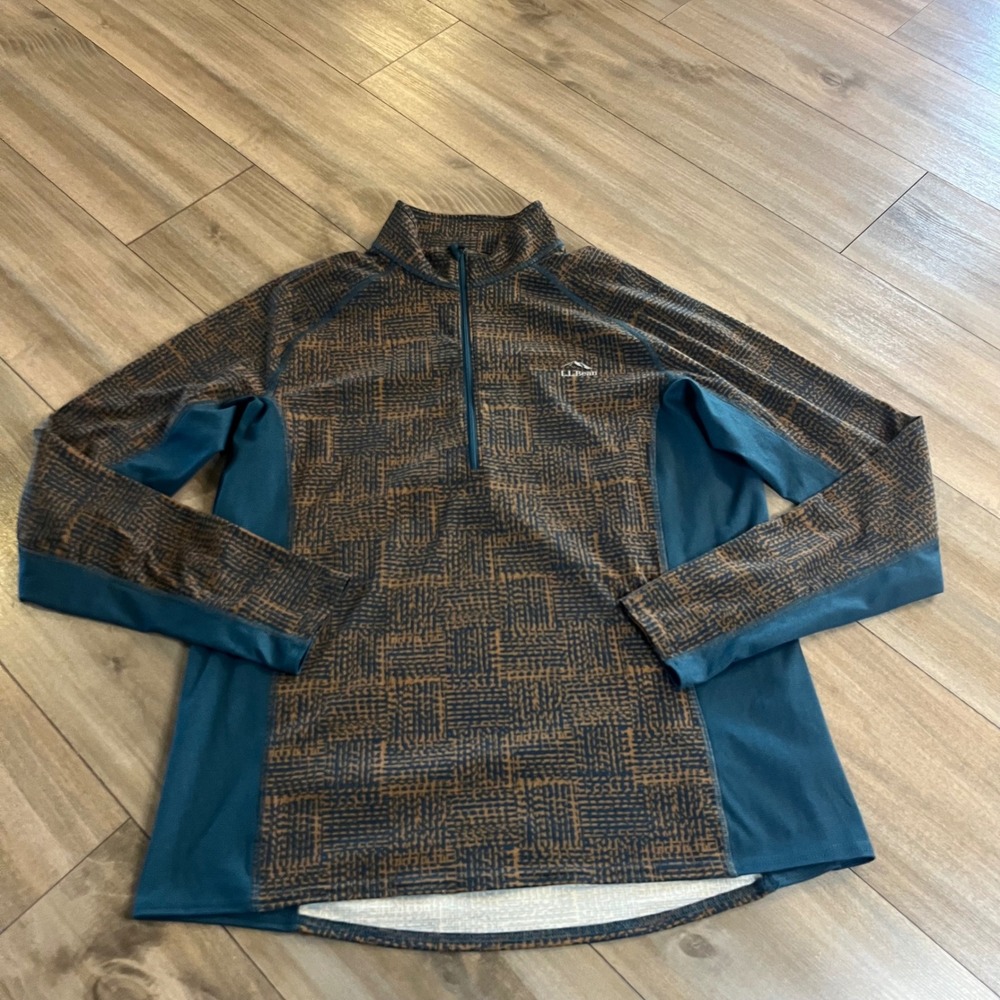 LL Bean Mens XL Regular Quarter Zip Pullover‎ Long Sleeve Shirt Blue Brown Geo